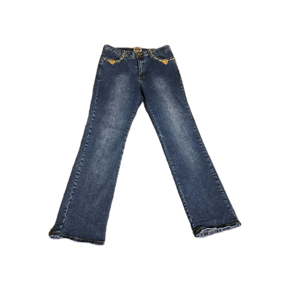 Y2k Elite Jeans Blue Flare Studded Distressed Stretch Denim 13/14